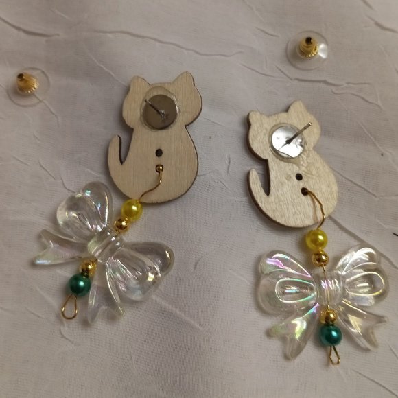 Home Made Handmade Wood & Metal Cat Green Button Earrings #45 - Picture 6 of 11